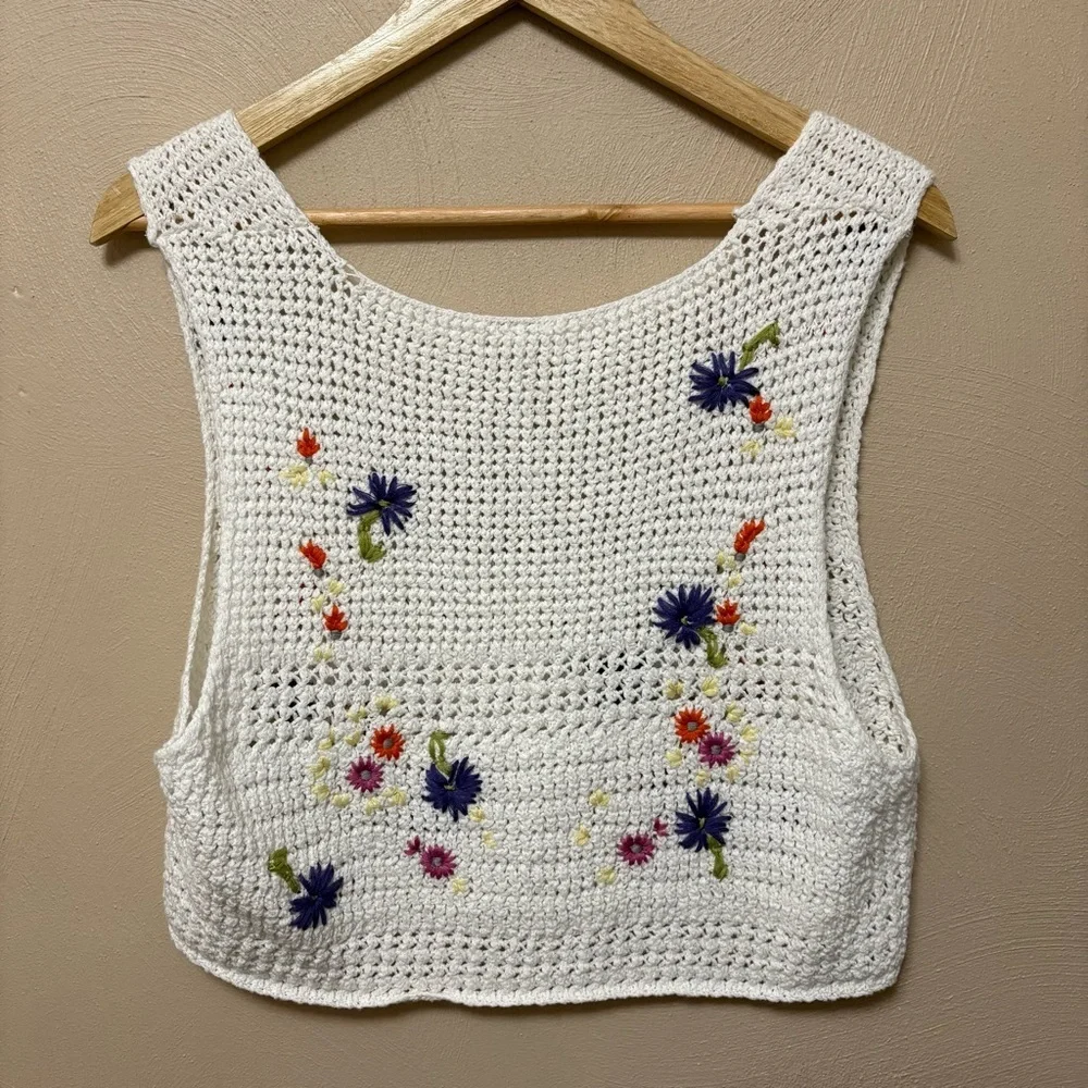 Free People Wildflowers Crochet Tank Crop Top White Floral Flowers Size XL